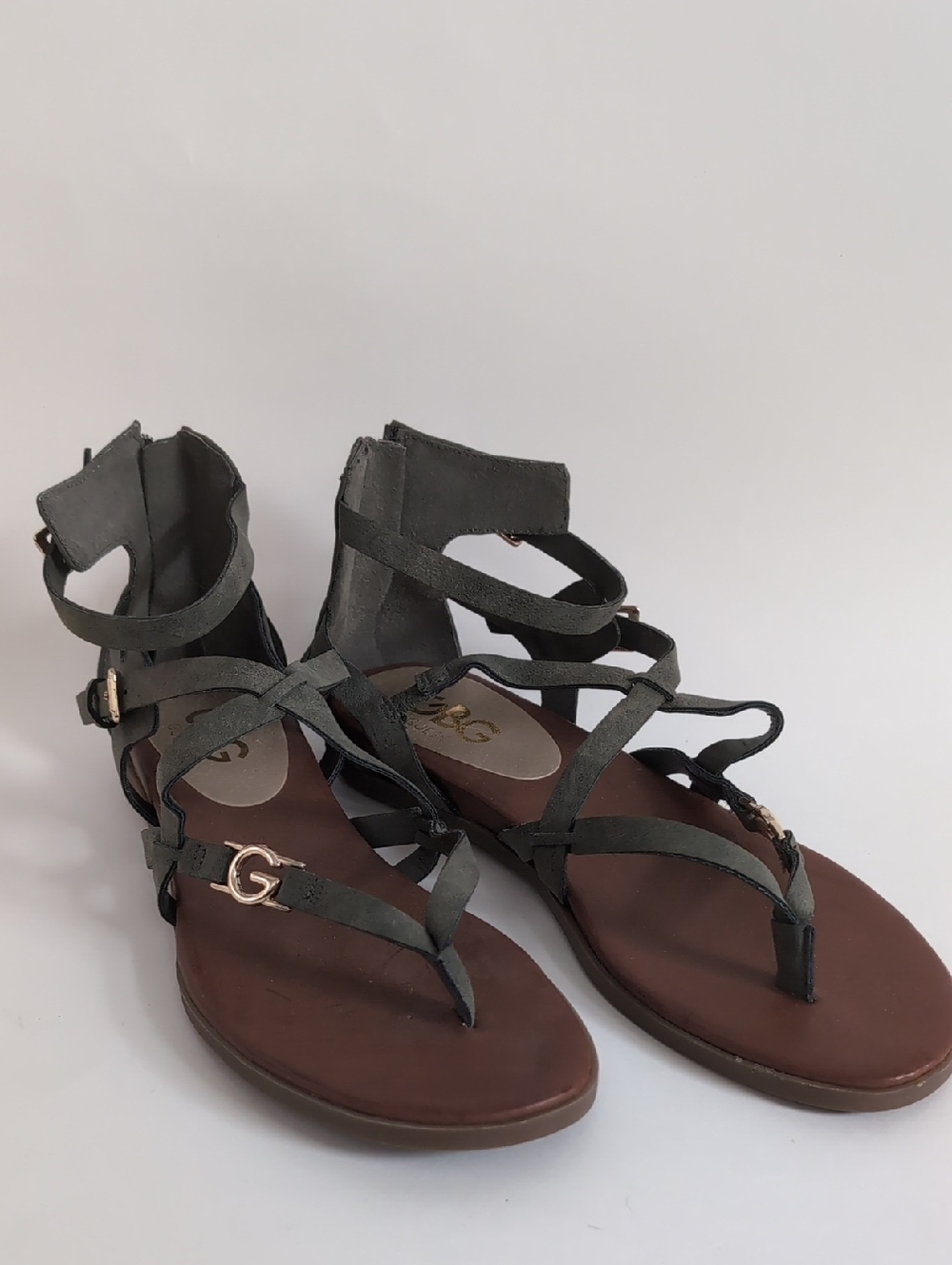 G by Guess Olive Suede Strappy Gladiator Sandals with Gold Logo